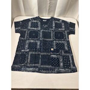 Carhartt Women Bandana Print Scrub Top Navy Blue Size Medium Modern Fit, Pockets